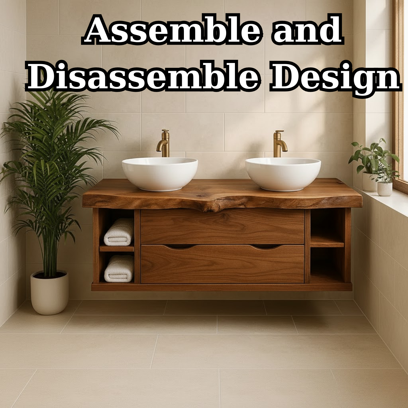 Rustic Double Sink Solid Wood Floating Bathroom Vanity with Live Edge Countertop