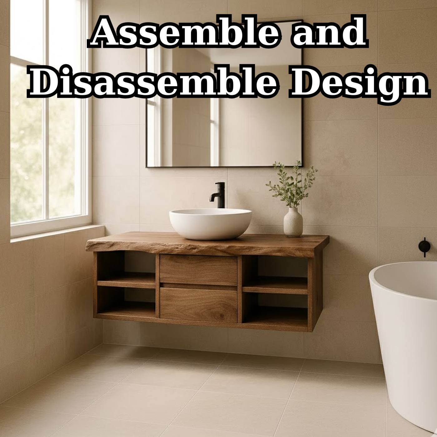 Minimalist Solid Wood Floating Bathroom Vanity with Live Edge Countertop and Dual Open Shelving