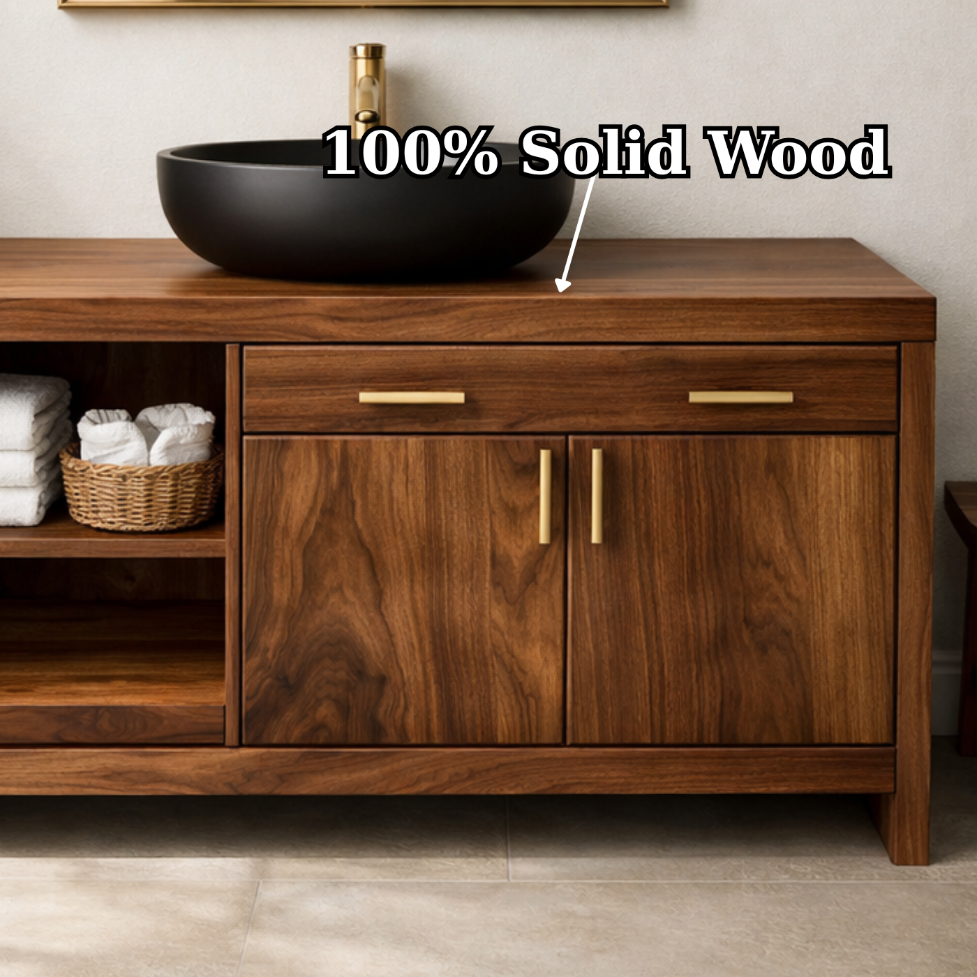 Solid Wood Bathroom Vanity with Open Shelf and Concealed Cabinet Storage