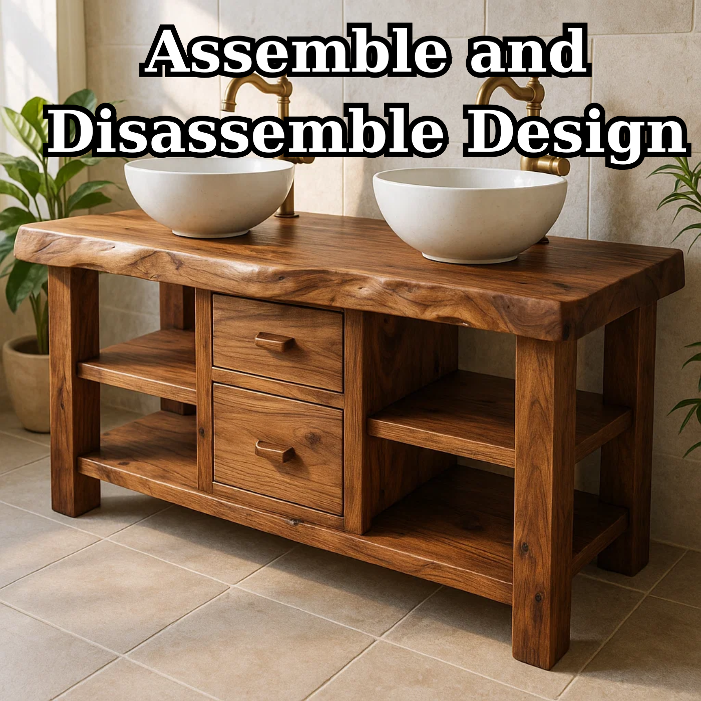 Solid Wood Double Bathroom Vanity with Open Shelving and Center Drawers