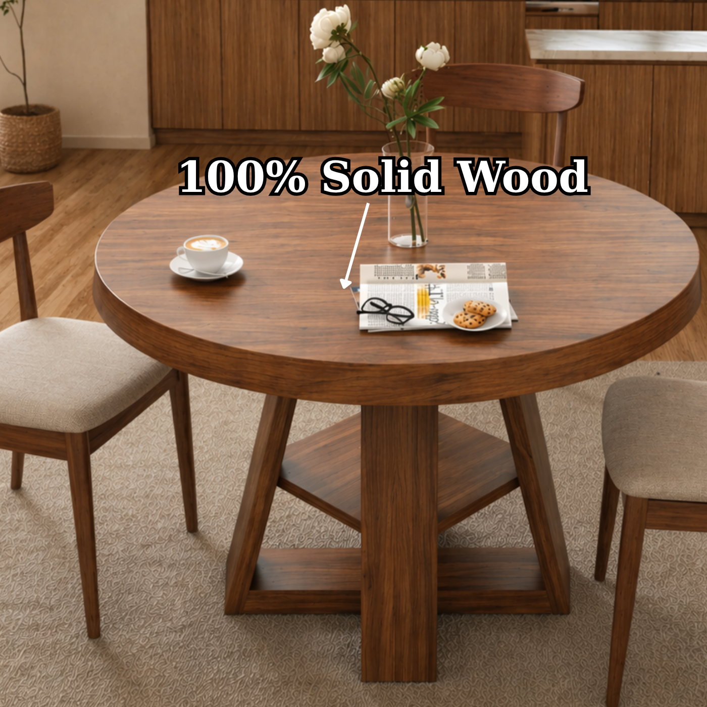 Round Solid Wood Dining Table – Pedestal Table for Modern Kitchen