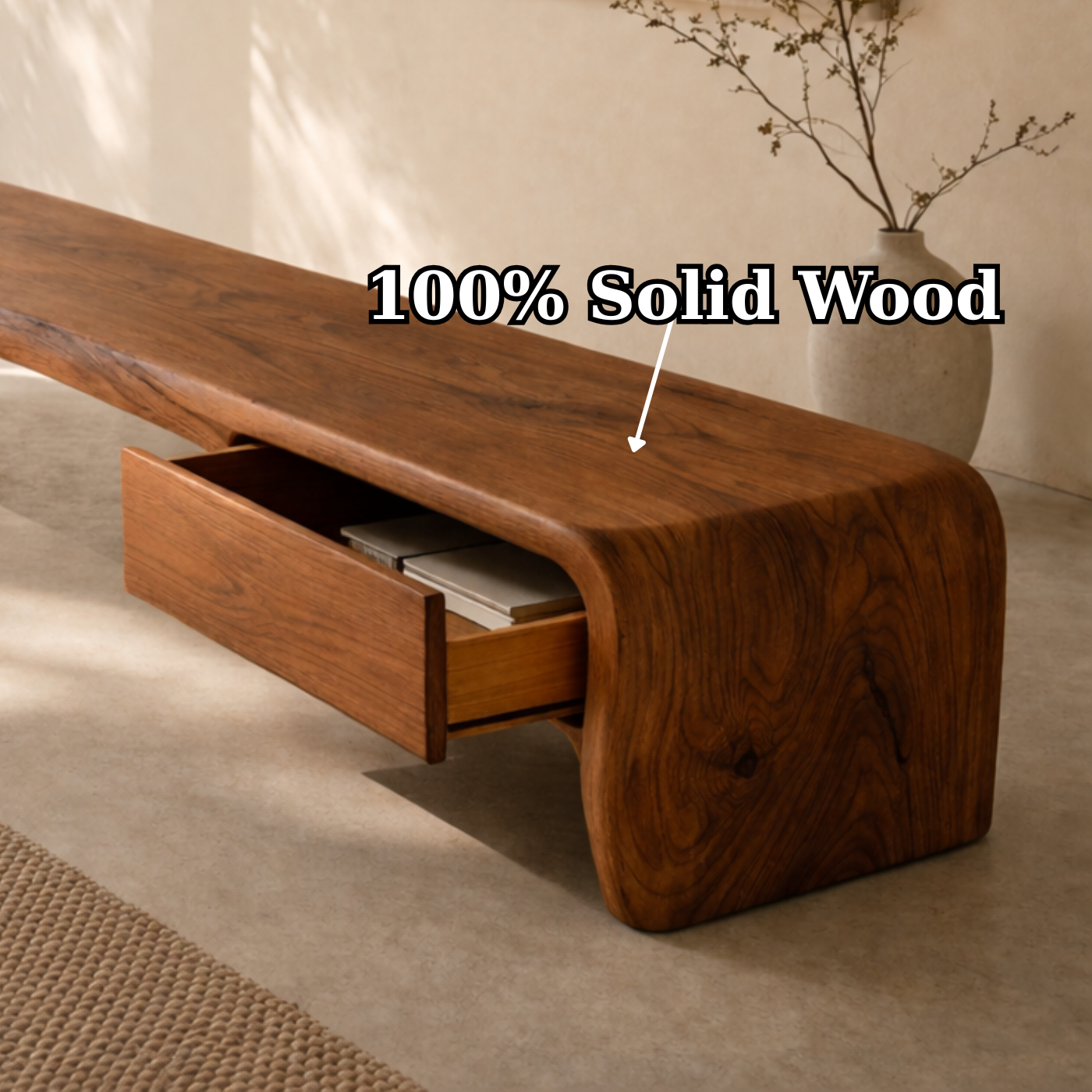 Solid Wood Entryway Bench with Hidden Drawer – Sculptural Minimalist Design