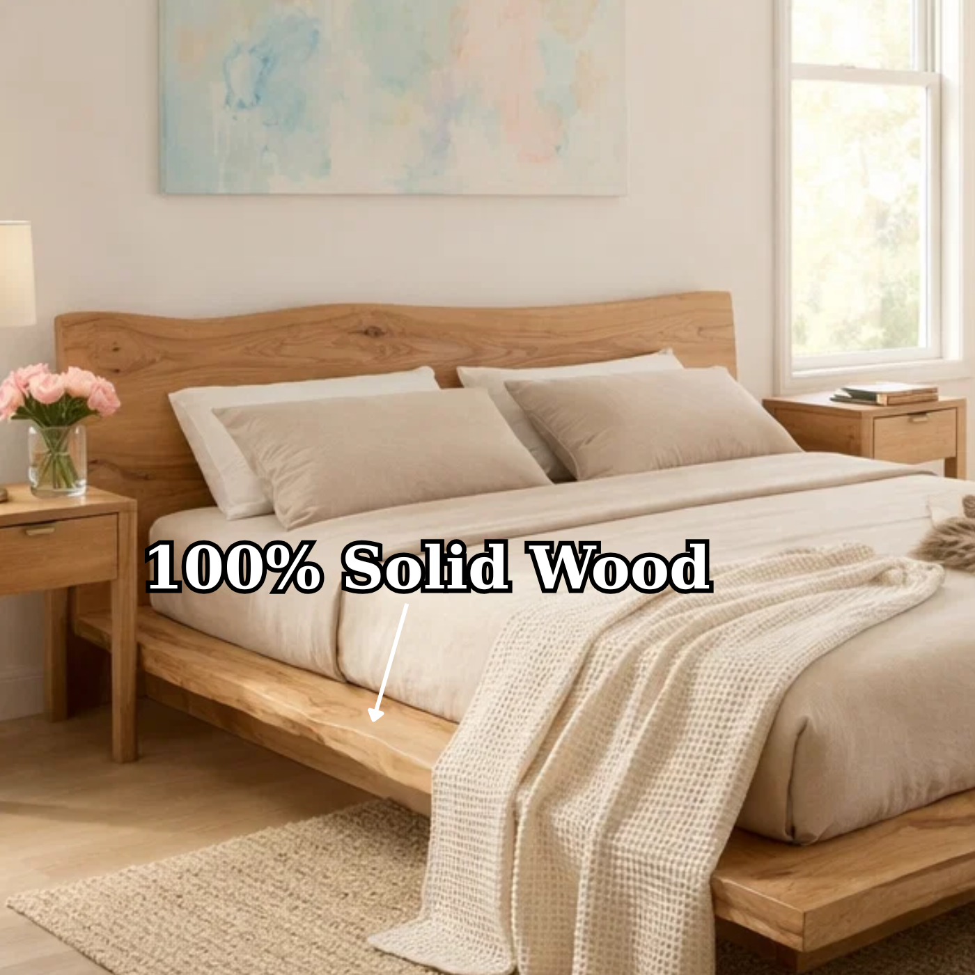 Handcrafted Live Edge Solid Wood Platform Bed, Rustic Modern Bed with Natural Headboard