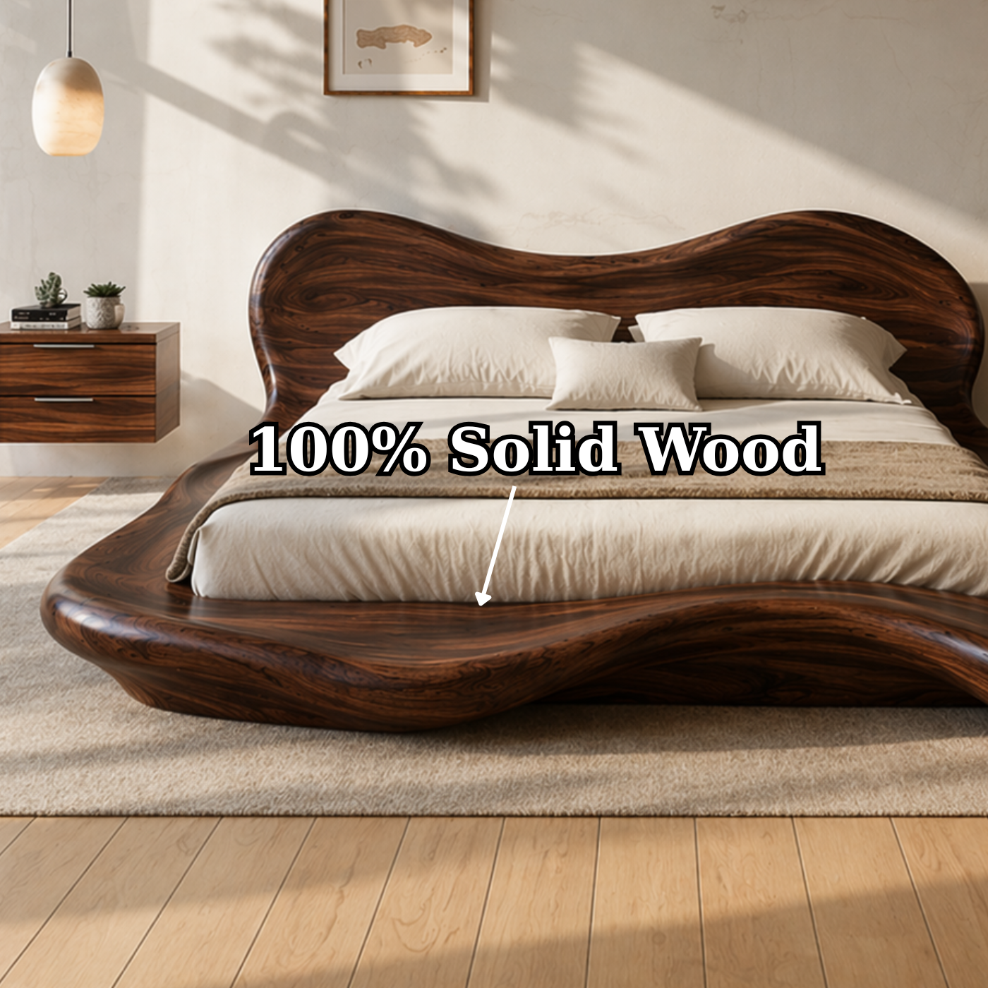 Handcrafted Solid Wood Sculptural Platform Bed, Organic Wavy Design Luxury Bed Frame