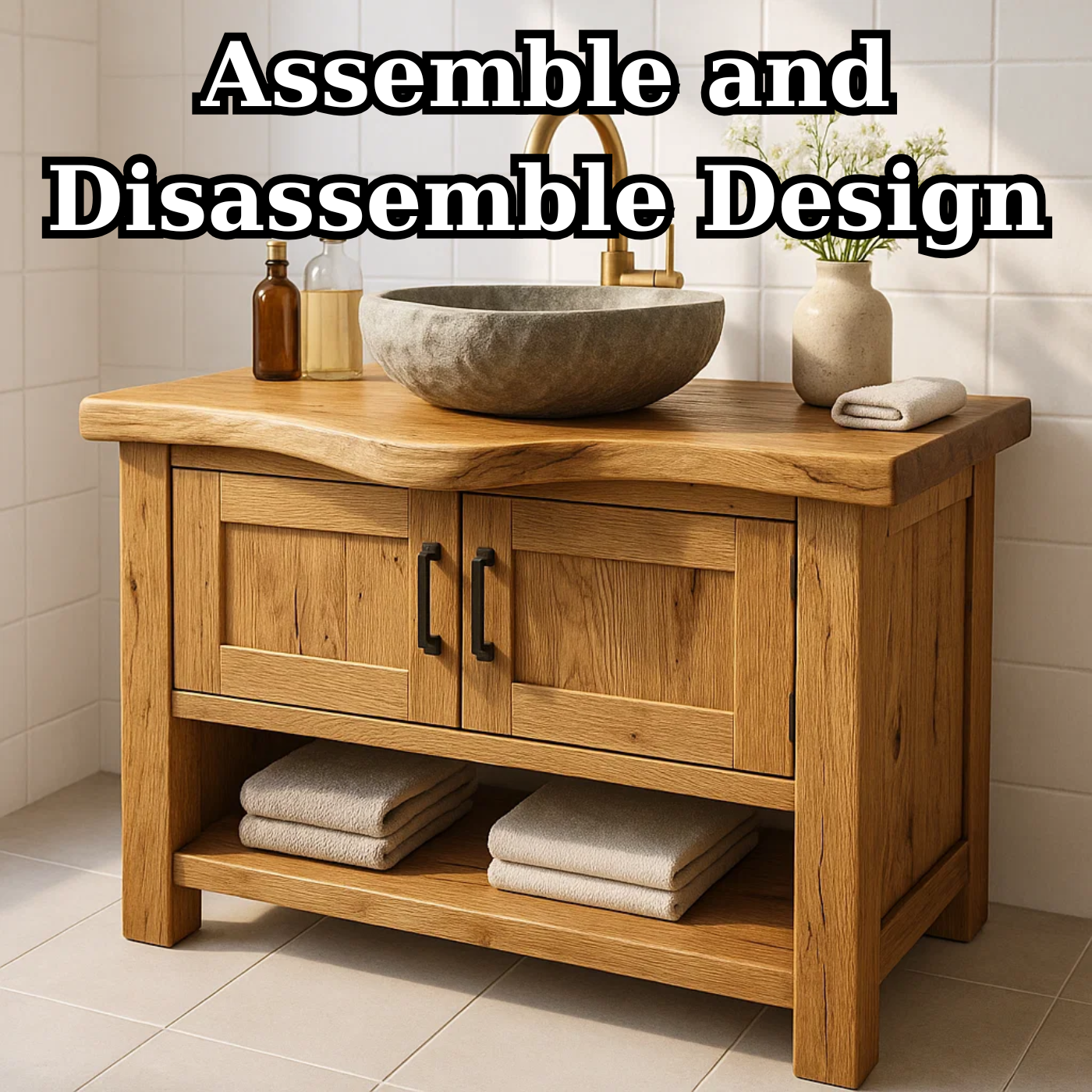 Solid Wood Bathroom Vanity with Double Cabinet Doors and Open Shelf for Organic Modern Bathrooms