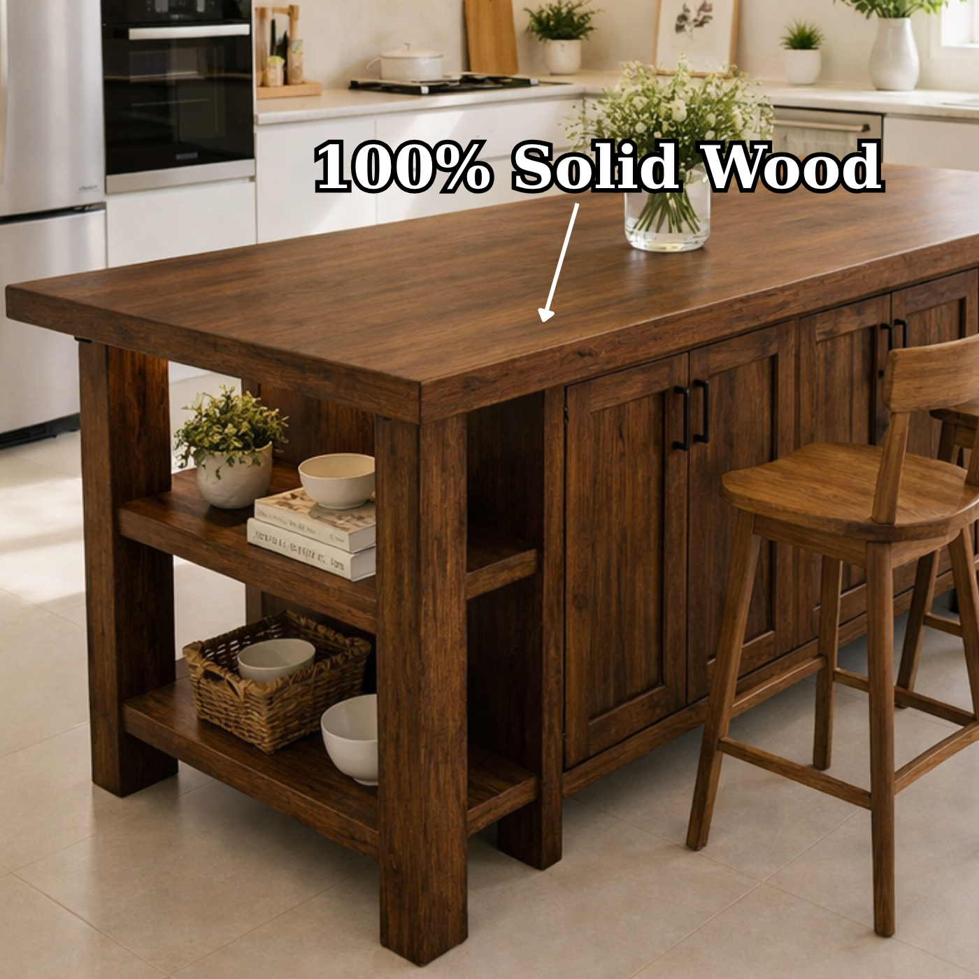 Solid Wood Kitchen Island with Seating & Storage – Rustic Walnut Dining Island Table with Cabinets & Open Shelves
