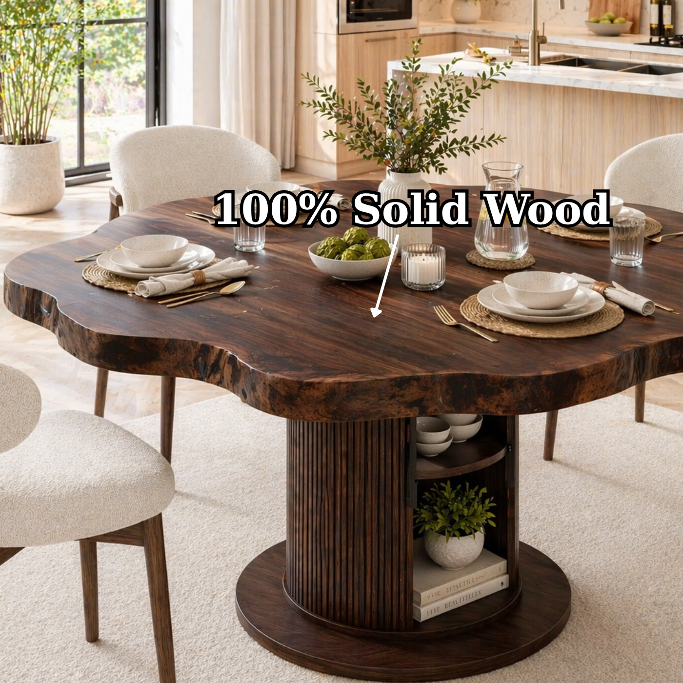 Live Edge Round Solid Wood Dining Table – Pedestal Table with Storage Base