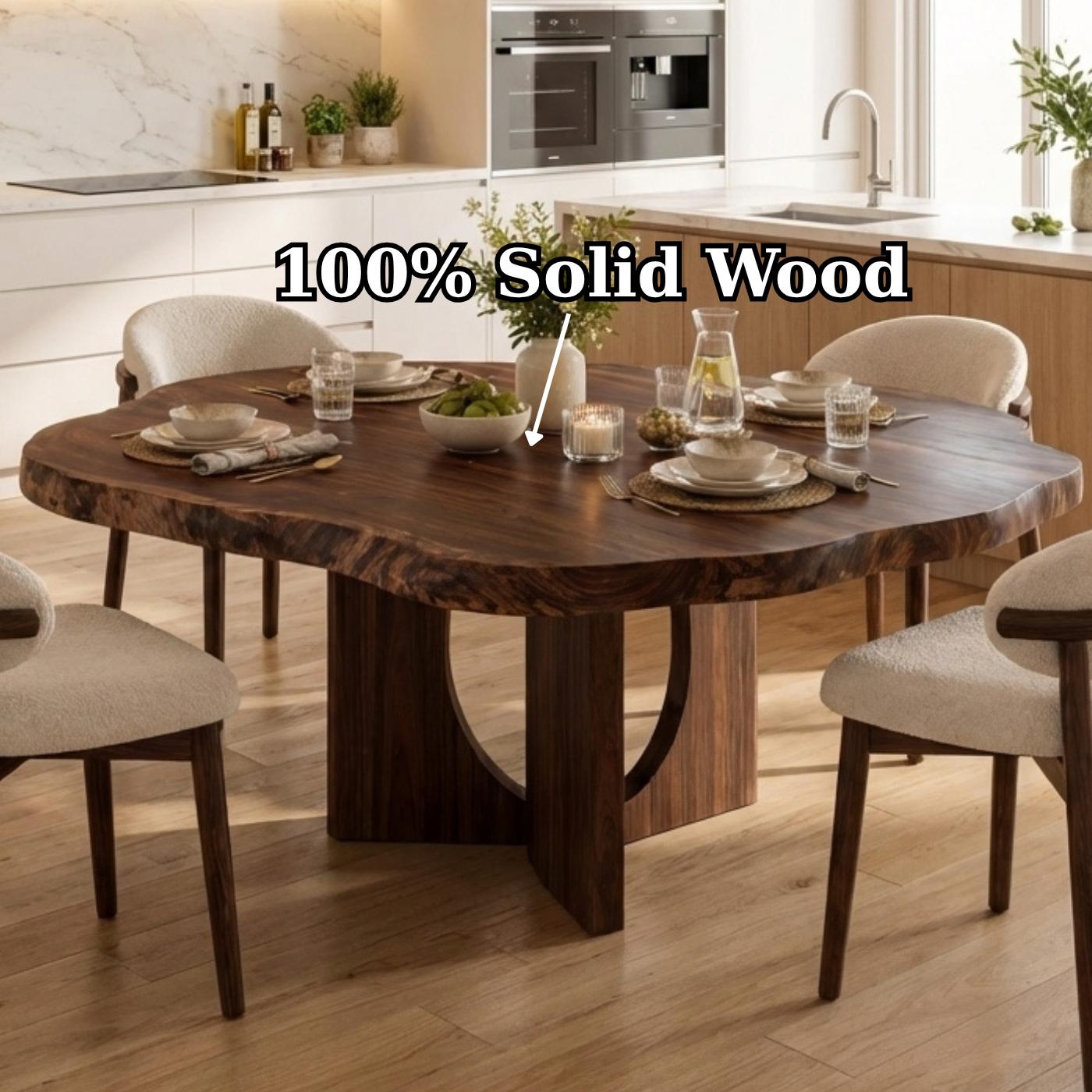 Live Edge Round Solid Wood Dining Table, Sculptural Pedestal Base