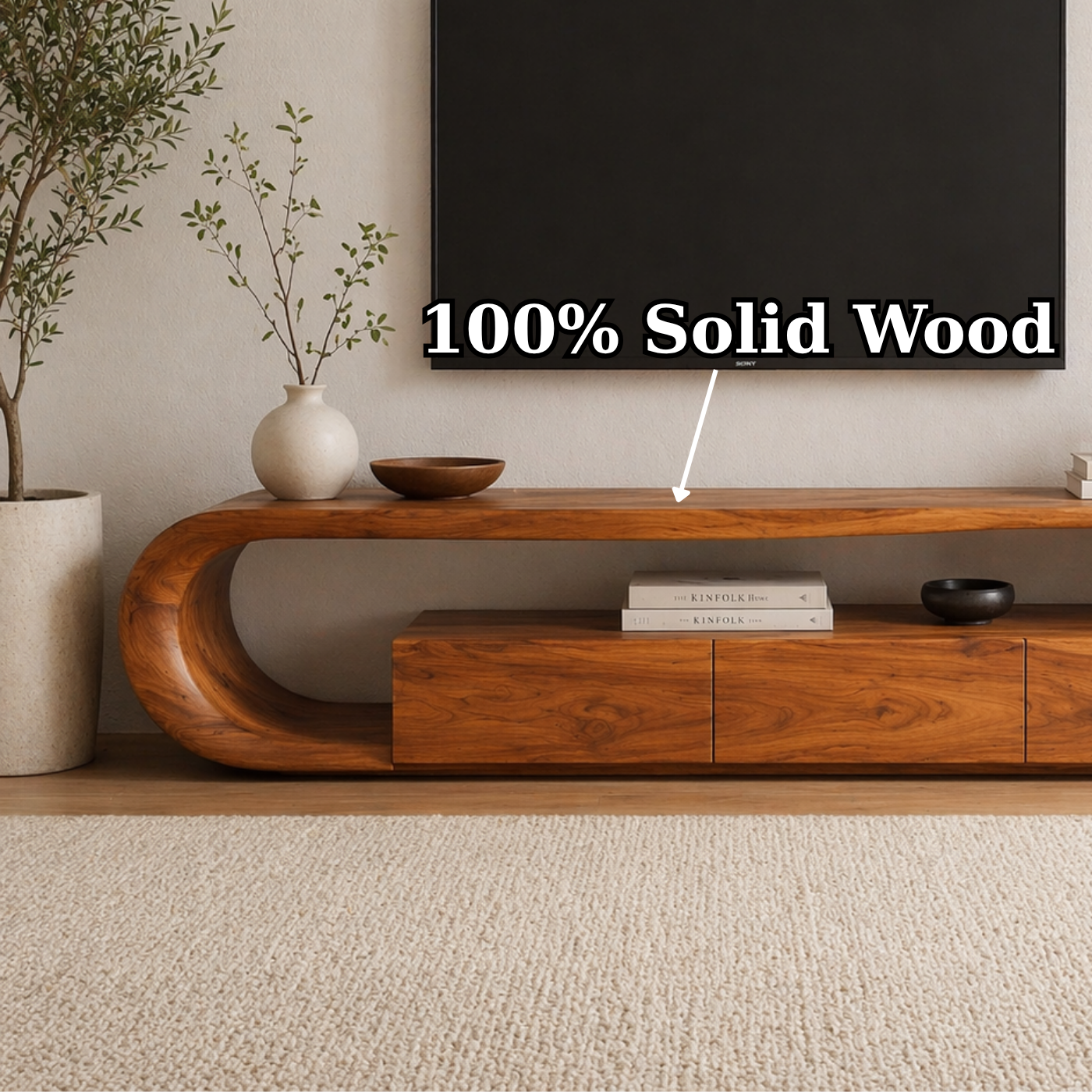Solid Wood TV Stand with Curved Base – Modern Low Profile Media Console with Storage
