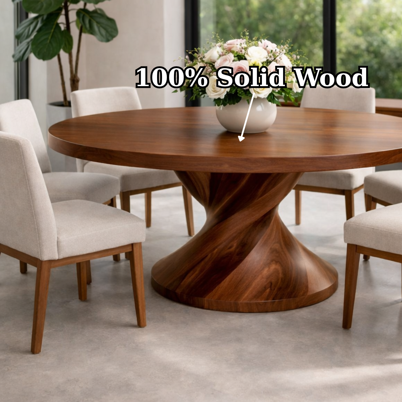 Round Solid Wood Dining Table with Sculptural Pedestal Base