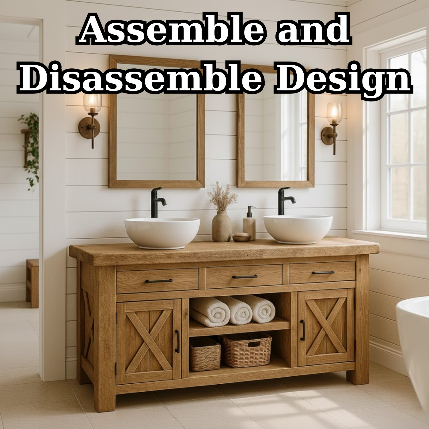 Farmhouse Solid Wood Double Bathroom Vanity with 3 Drawers, Sliding Barn Doors and Open Shelf