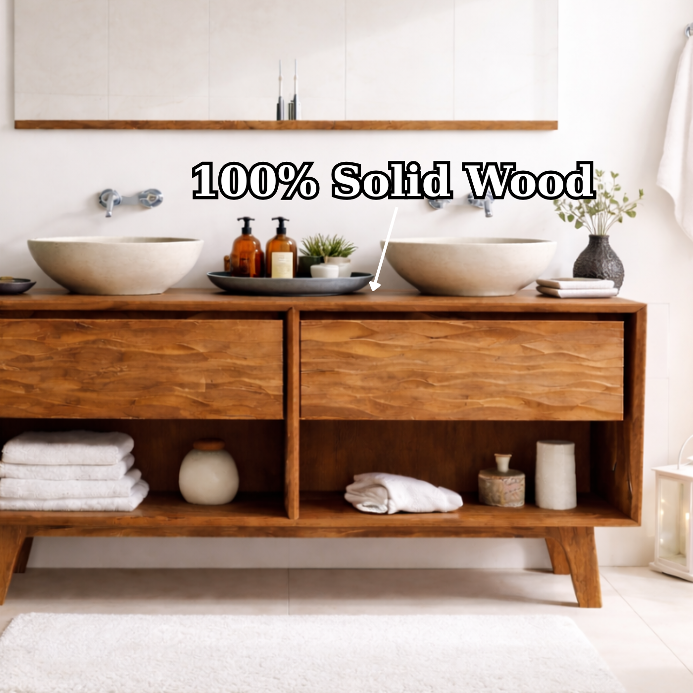Mid-Century Solid Wood Double Bathroom Vanity with Sculpted Wave Drawer Fronts and Open Storage