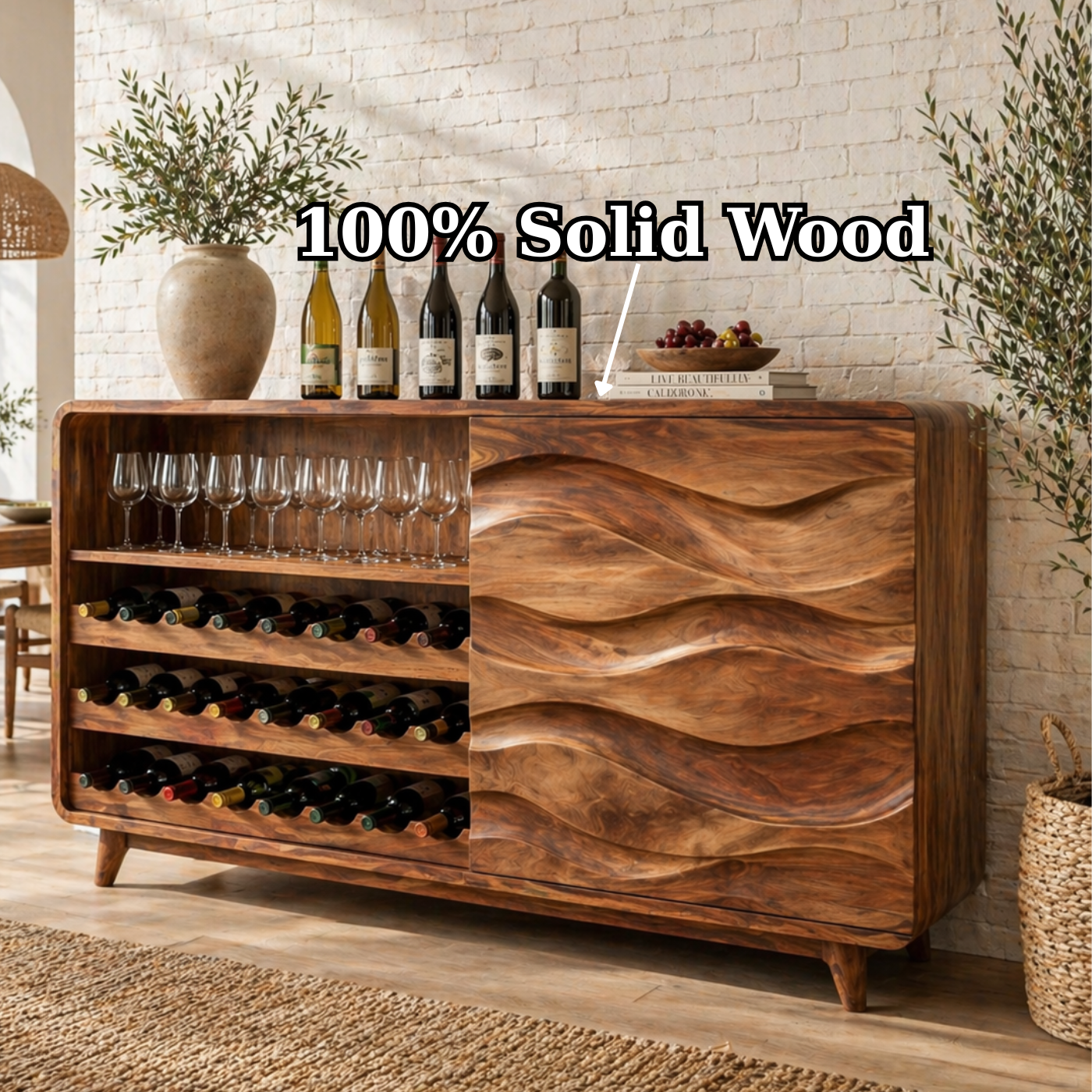 Solid Wood Wine Sideboard with Wave Carved Doors and Bottle Storage
