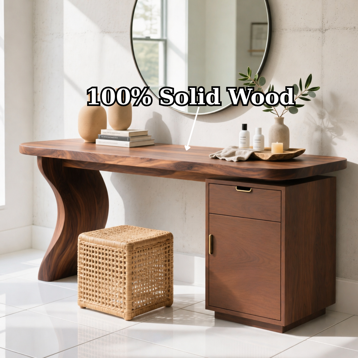 Solid Wood Makeup Vanity with Curved Base and Drawer Cabinet Storage