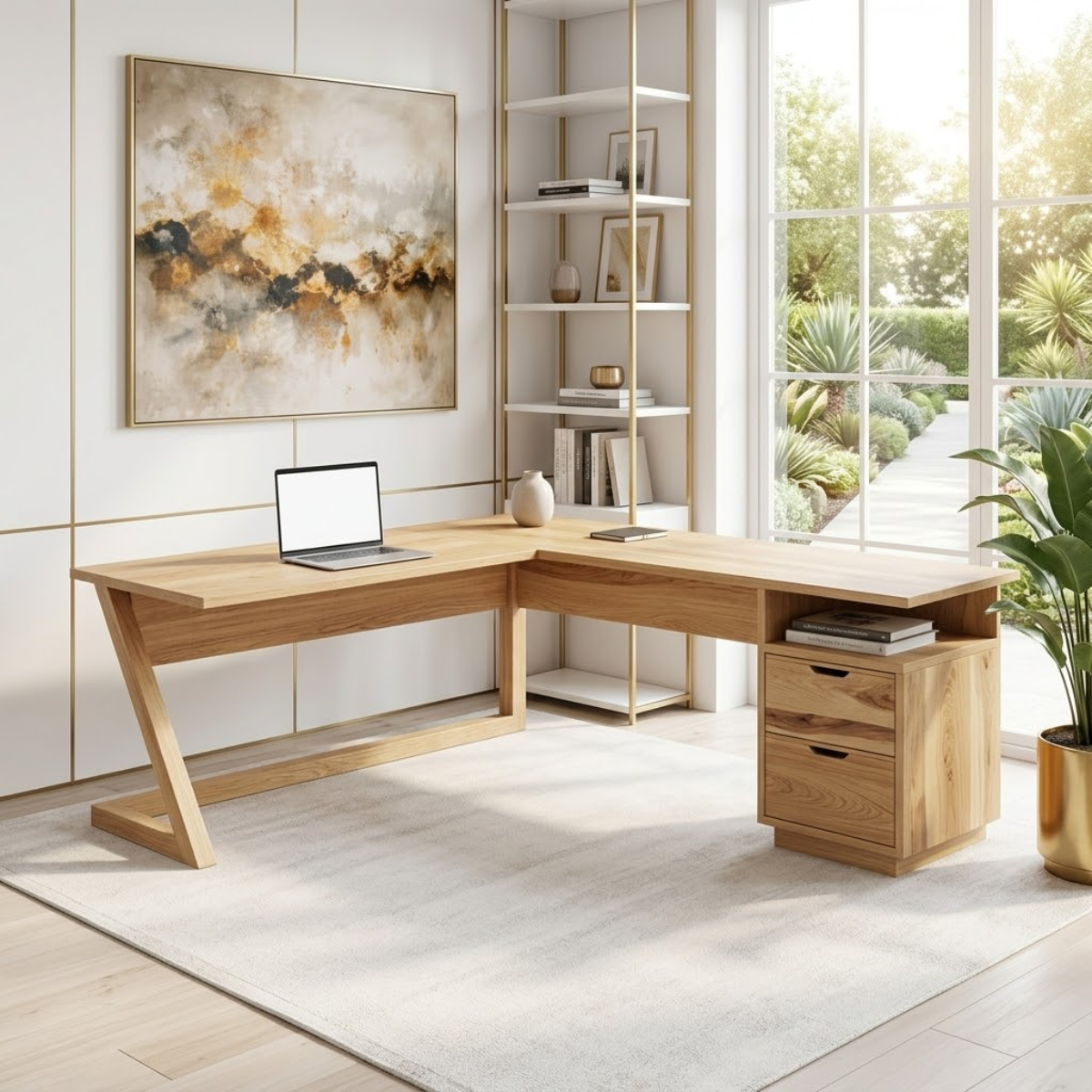 L Shaped Wood Desk with Drawer Storage Corner Office Desk Modern Workspace