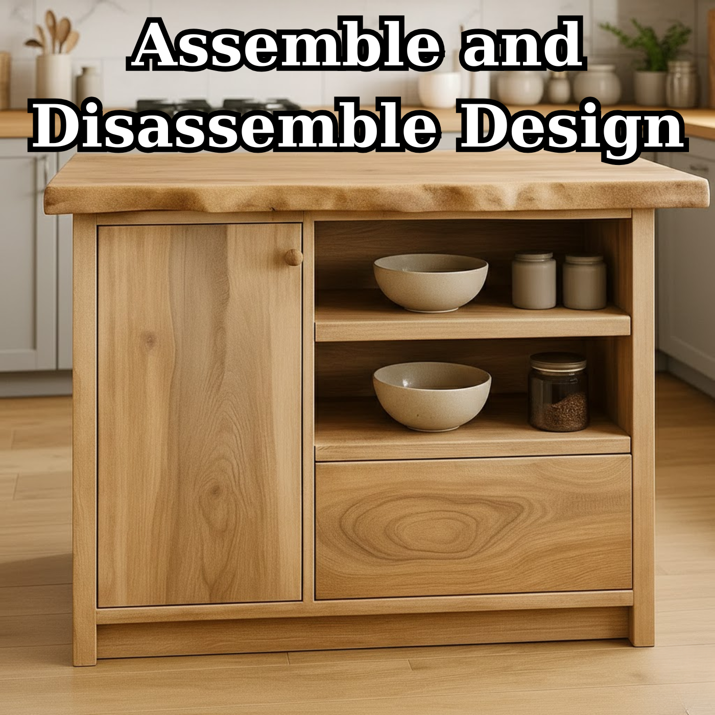 Solid Wood Kitchen Island with Cabinet and Open Shelves, Modern Oak Kitchen Prep Table
