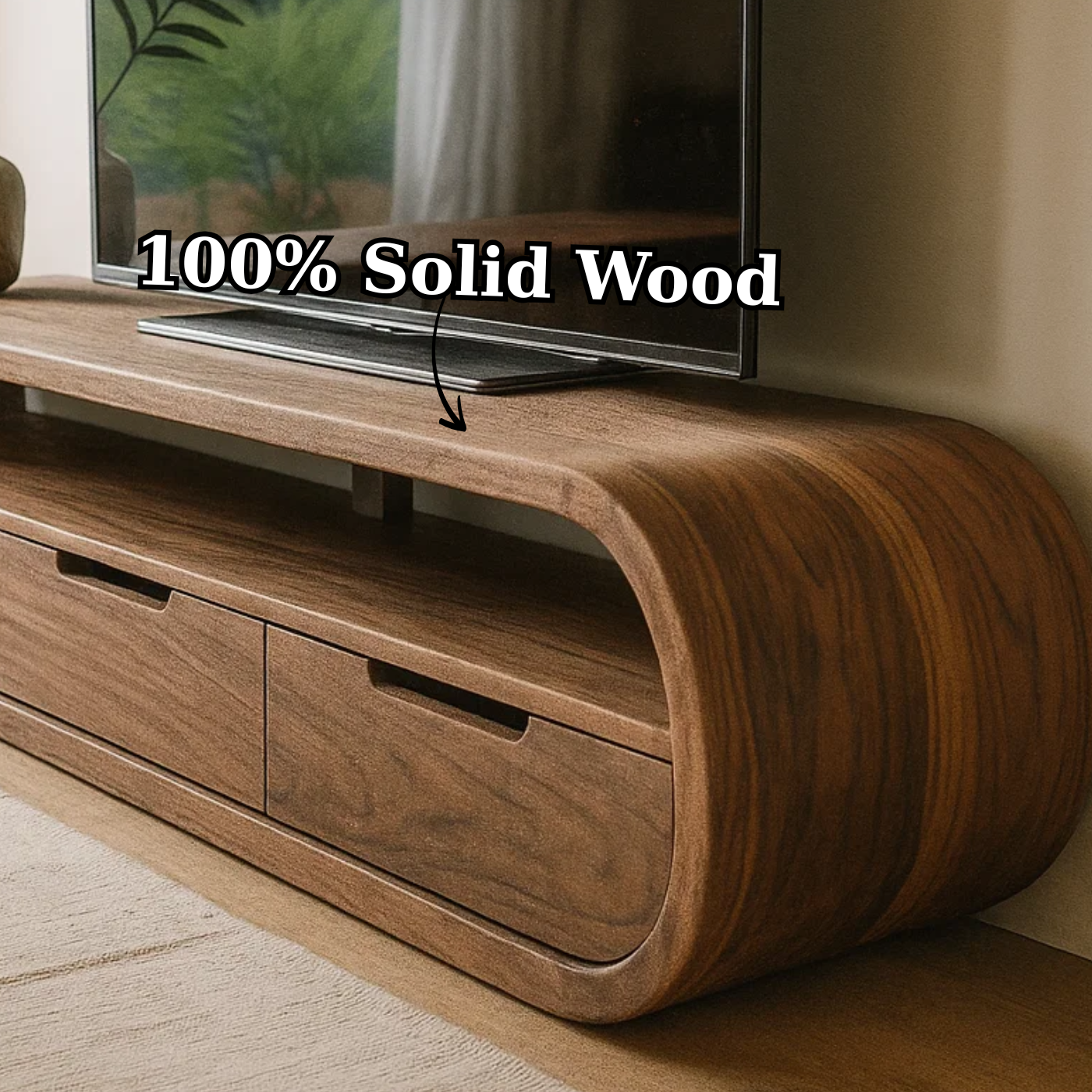 Modern Curved Solid Wood TV Stand with Drawer Storage
