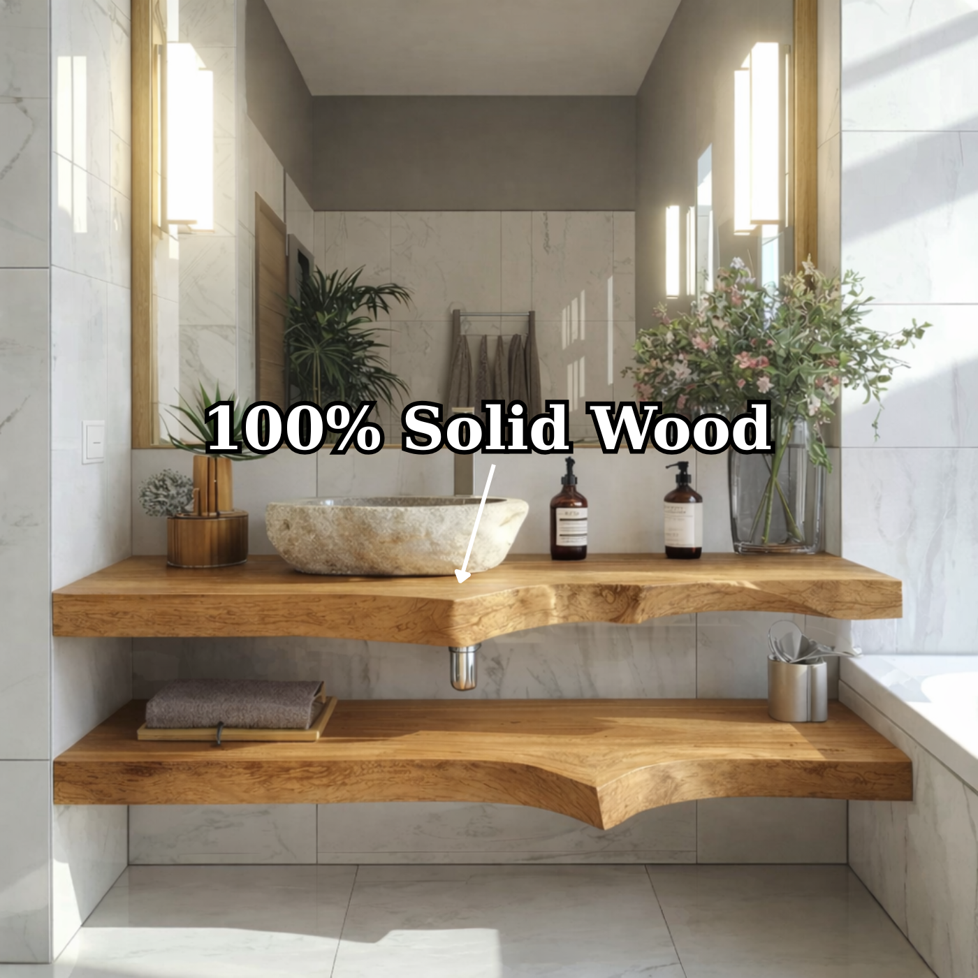 Floating Live Edge Solid Wood Bathroom Vanity with Dual Shelves – Modern Natural Wood Wall Mounted Vanity
