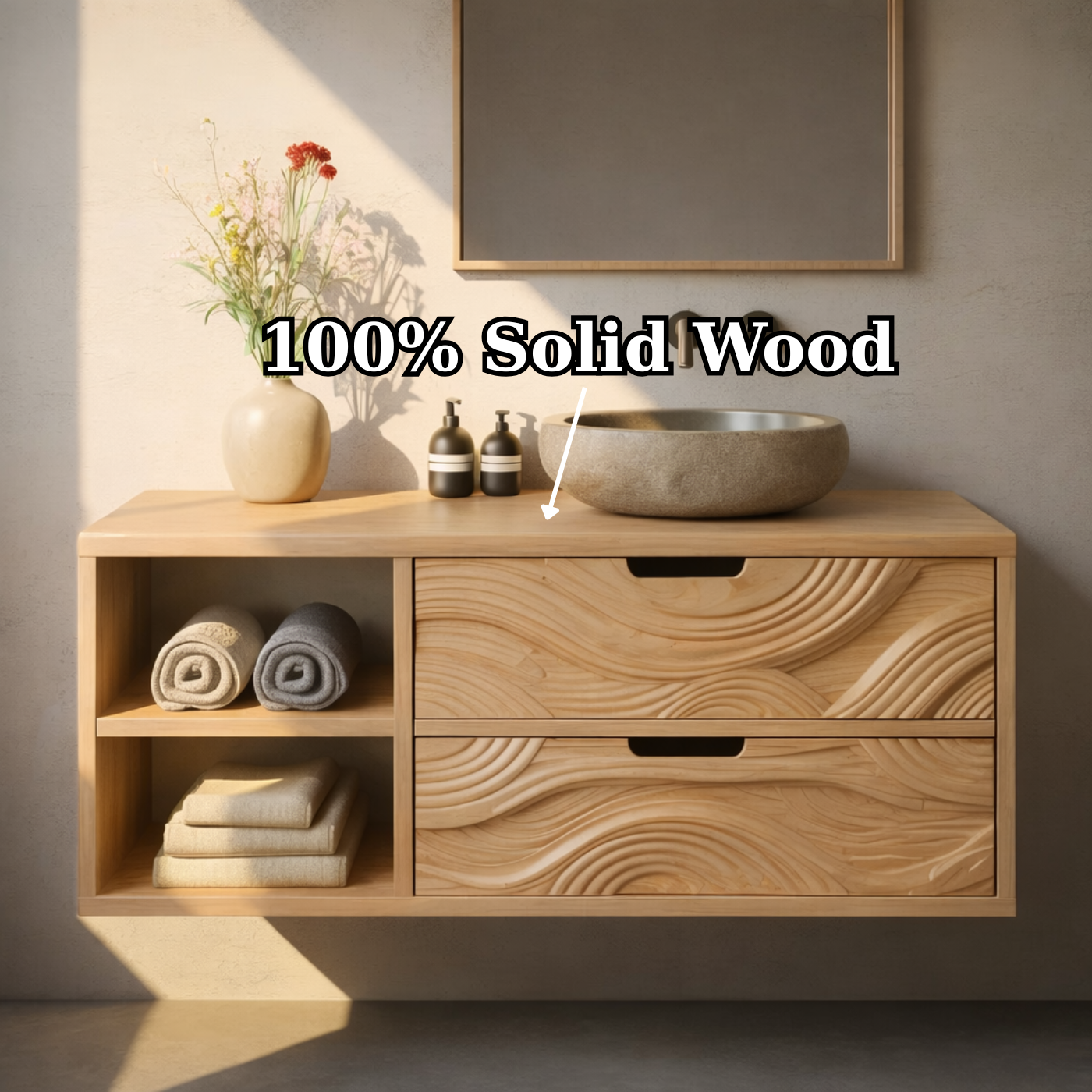 Floating Solid Wood Bathroom Vanity with Sculpted Wave Drawers and Open Shelf – Modern Organic Bathroom Cabinet