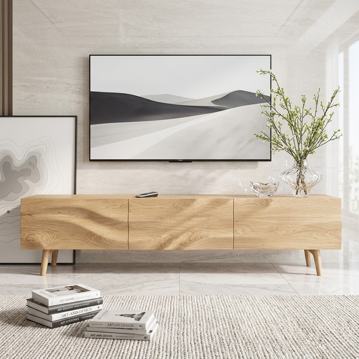 Solid Wood TV Stand, Natural-Grain Mid-Century Media Console Entertainment Center