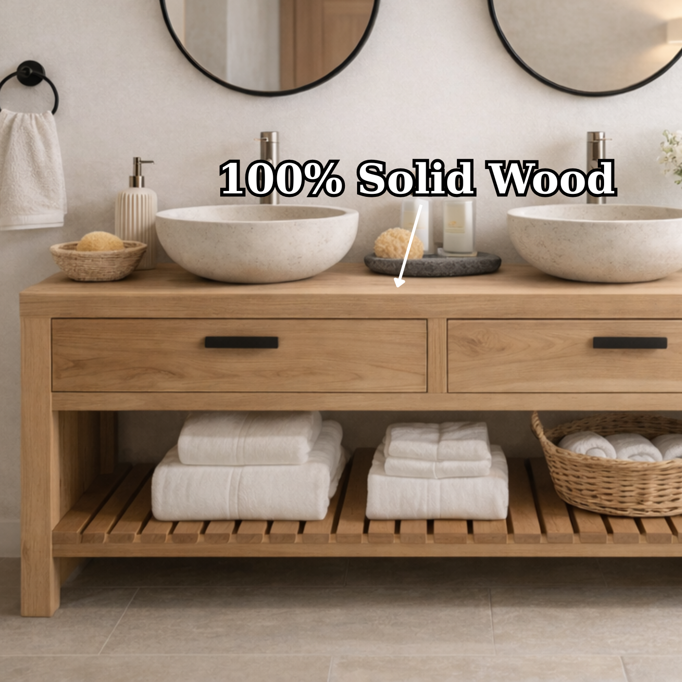 Scandinavian Solid Wood Double Sink Bathroom Vanity with Dual Drawers and Slatted Open Shelf