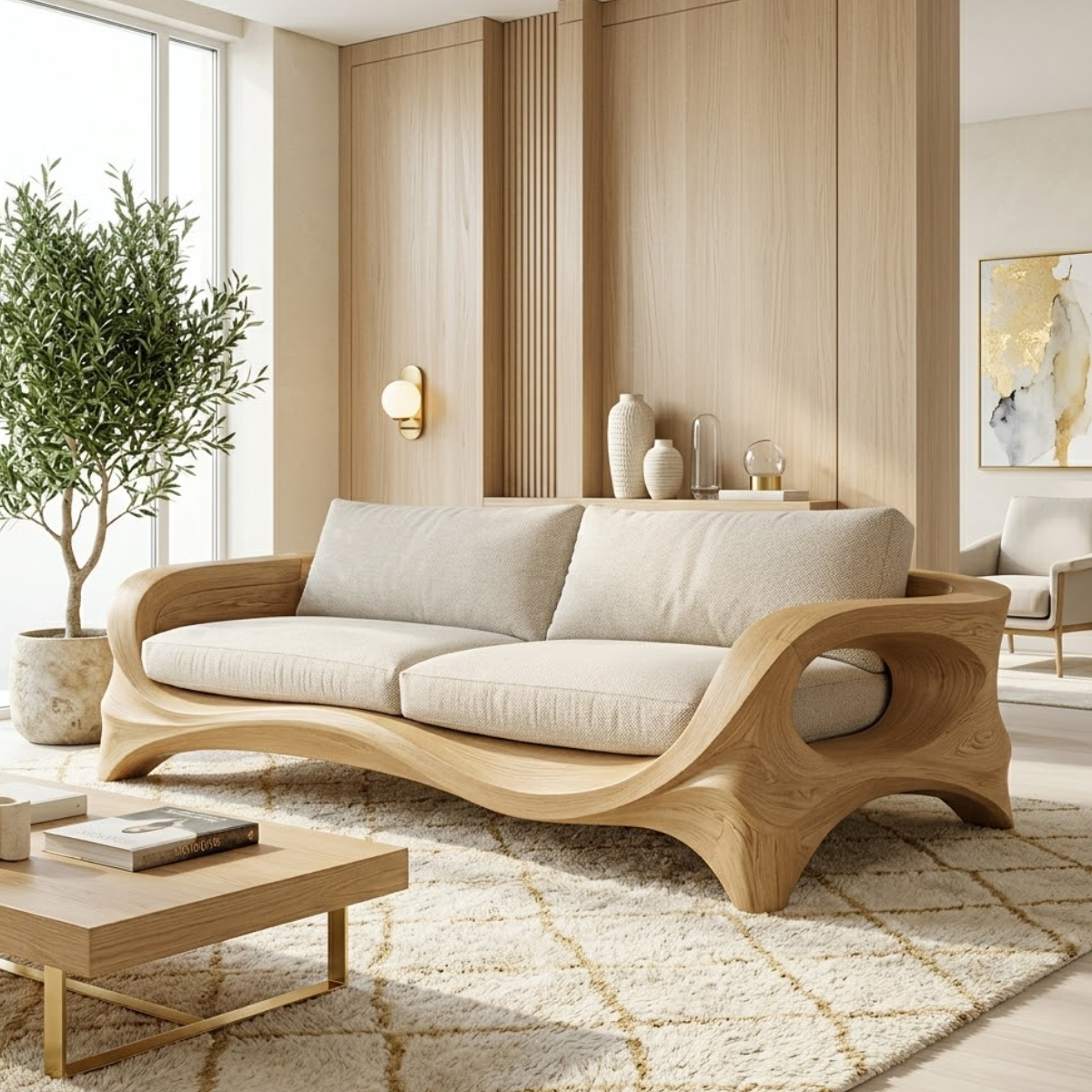 Modern Sculptural Curved Sofa, Organic Minimalist Statement Living Room Furniture