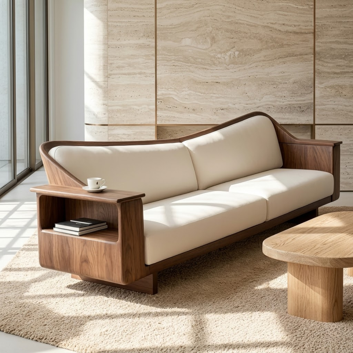 Modern Curved Solid Wood Sofa with Built-in Side Shelf White Leather Couch