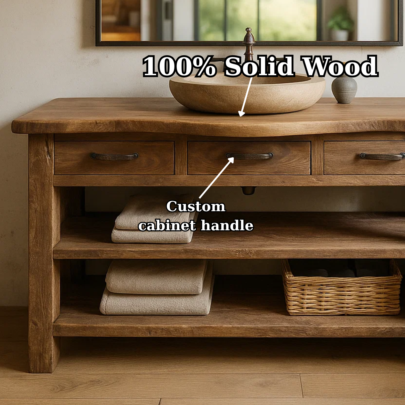Solid Wood Bathroom Vanity with Three Drawers and Double Open Shelving