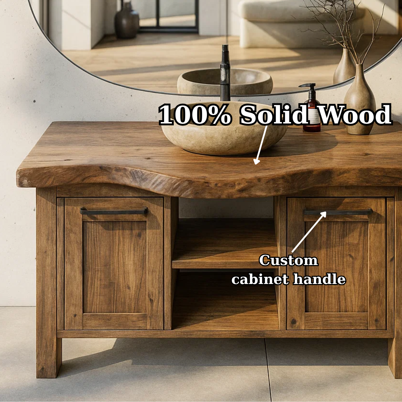 Solid Wood Bathroom Vanity with Double Door Cabinets and Open Center Shelf