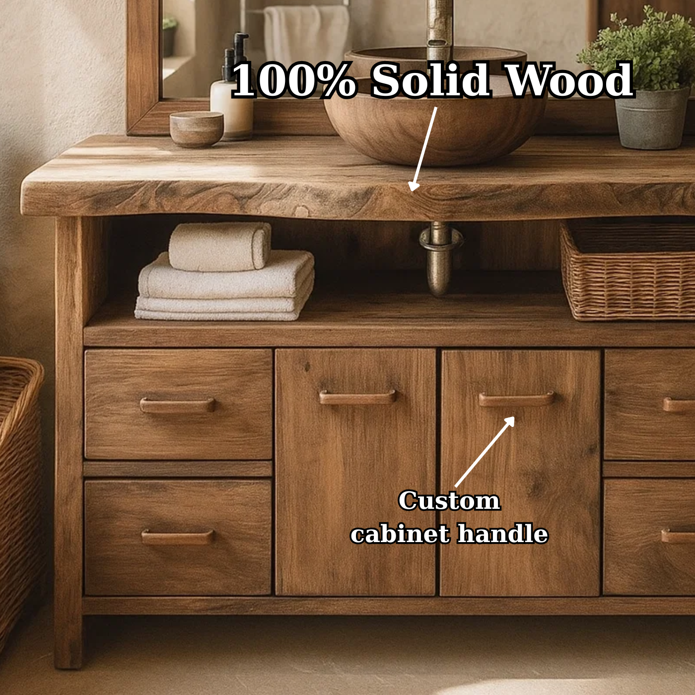 Solid Wood Live Edge Double Bathroom Vanity with 6 Drawers and Double Cabinet Doors for Modern Farmhouse Bathrooms