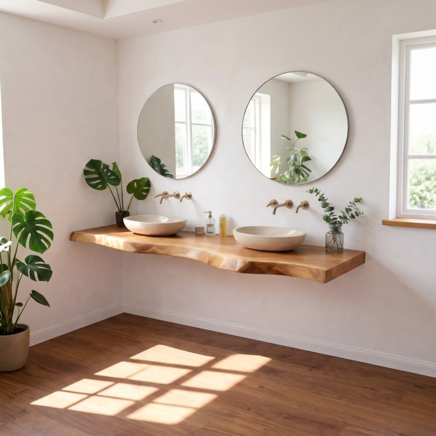 Floating Live Edge Solid Wood Double Sink Bathroom Vanity Top – Rustic Wall Mounted Wood Countertop