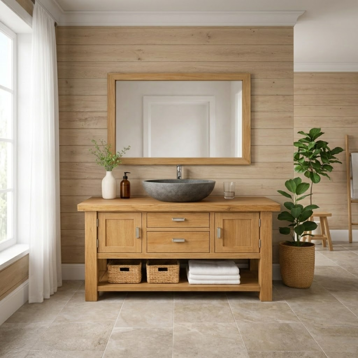 Timeless Solid Wood Bathroom Vanity with Double Side Cabinets, Center Drawers and Open Bottom Shelf