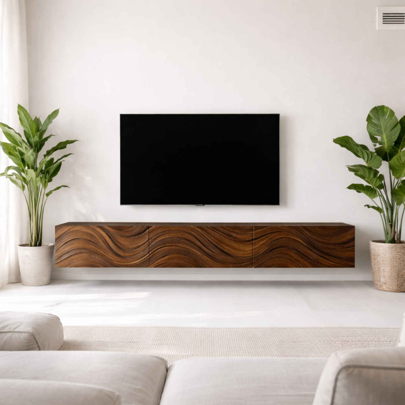 Floating Solid Wood TV Stand with Carved Wave Front – Modern Walnut Media Console