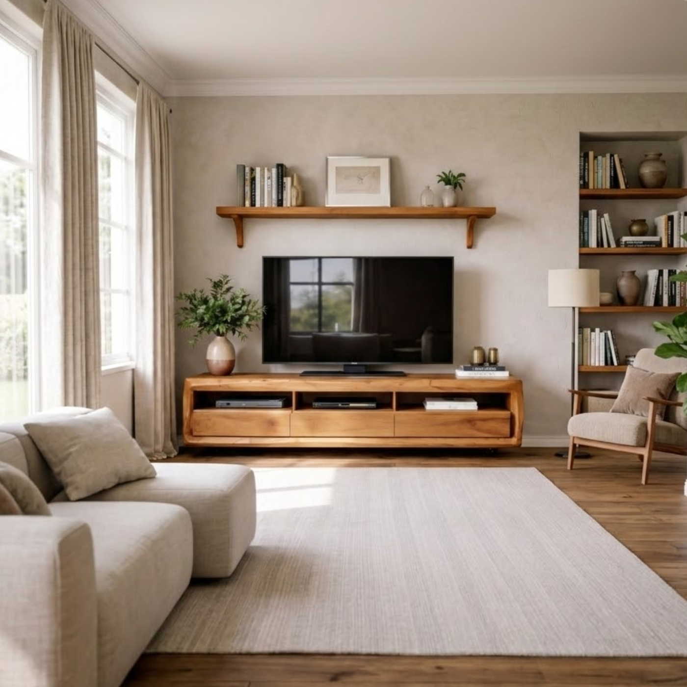 Solid Wood TV Stand with Drawers and Open Shelf – Rustic Modern Wooden Media Console