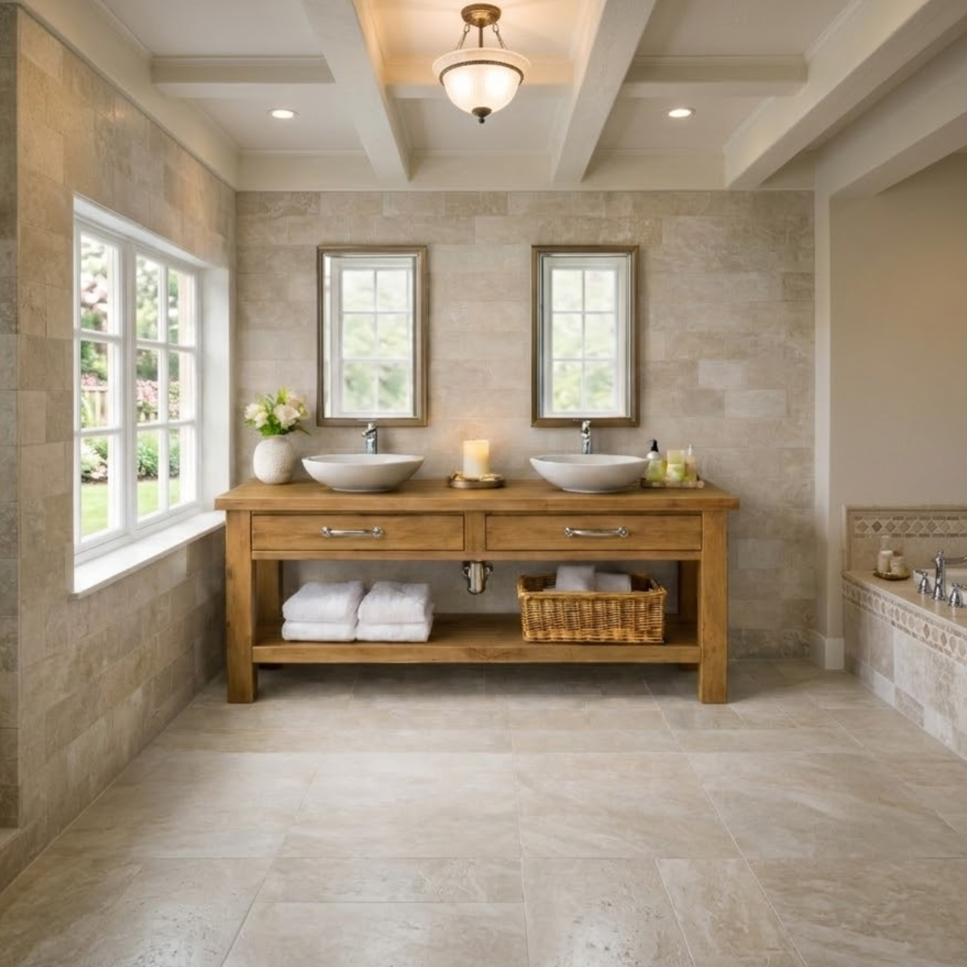 Solid Wood Double Bathroom Vanity with Drawers and Open Shelf Storage