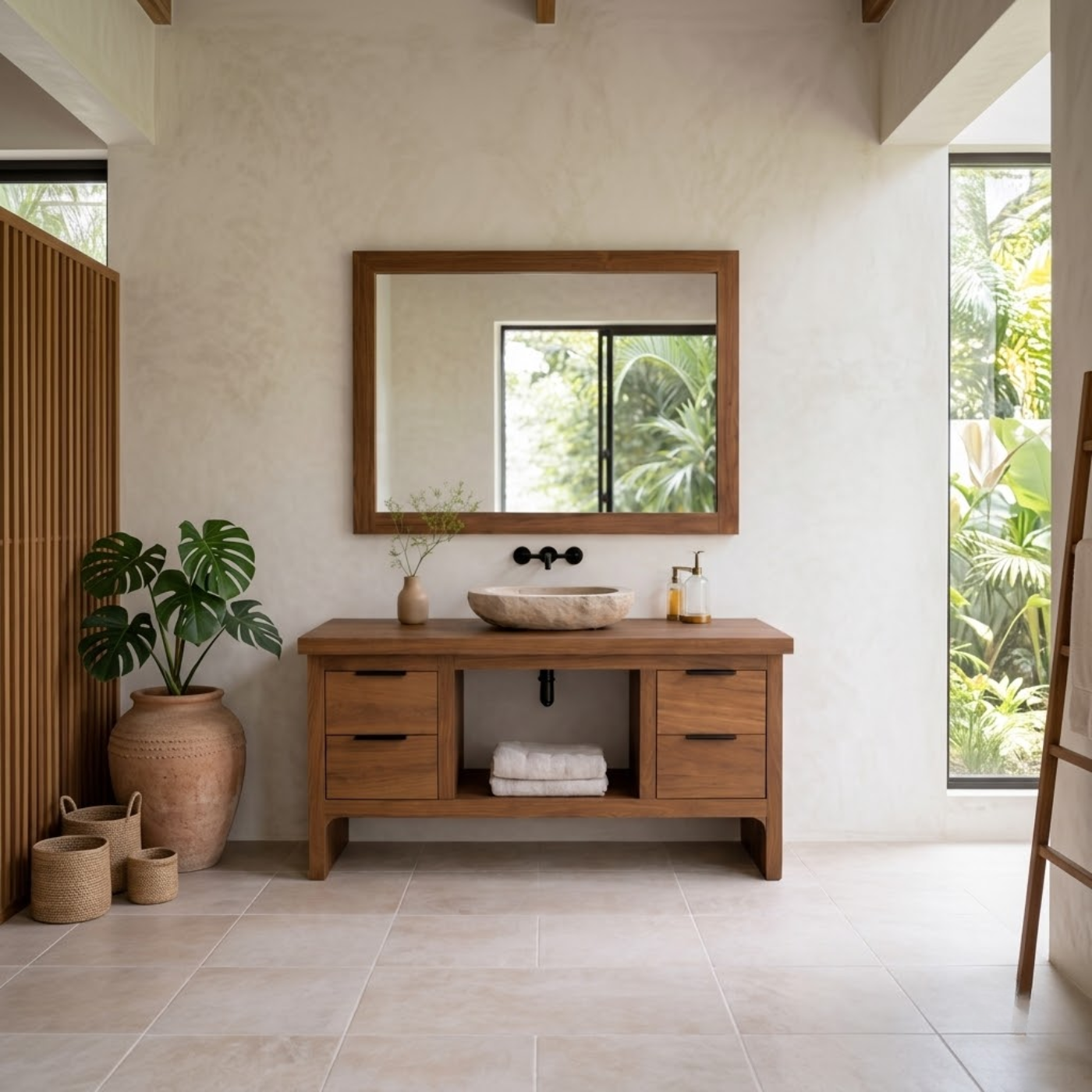 Rustic Soild Wood Bathroom Vanity with Drawers and Open Shelf for Contemporary
