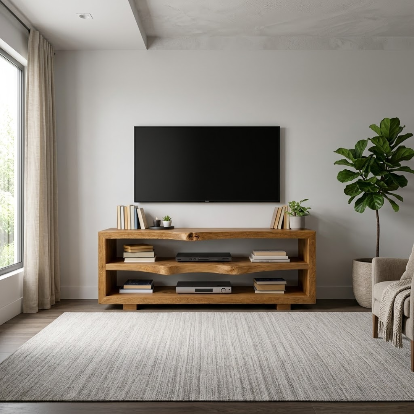 Rustic Solid Wood TV Stand with Open Shelves for Modern Living Rooms