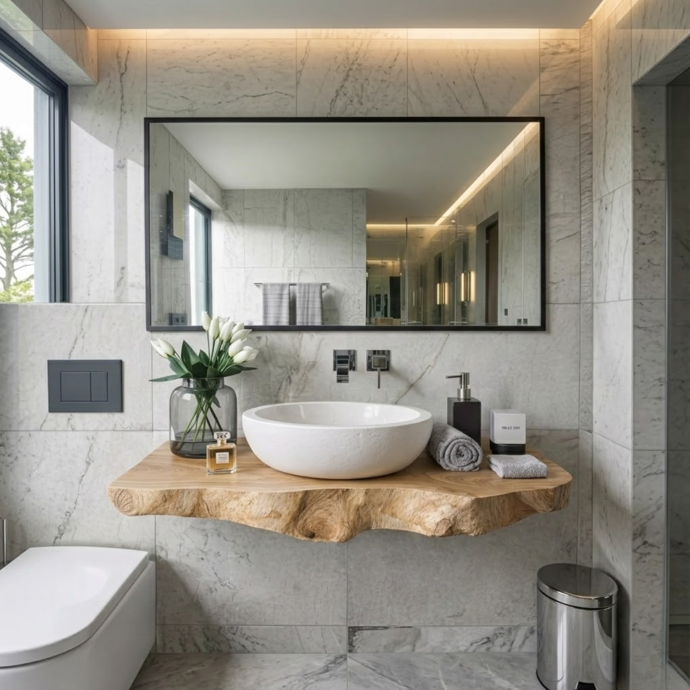 Floating Live Edge Solid Wood Bathroom Vanity Shelf – Natural Wood Wall Mounted Vanity Top