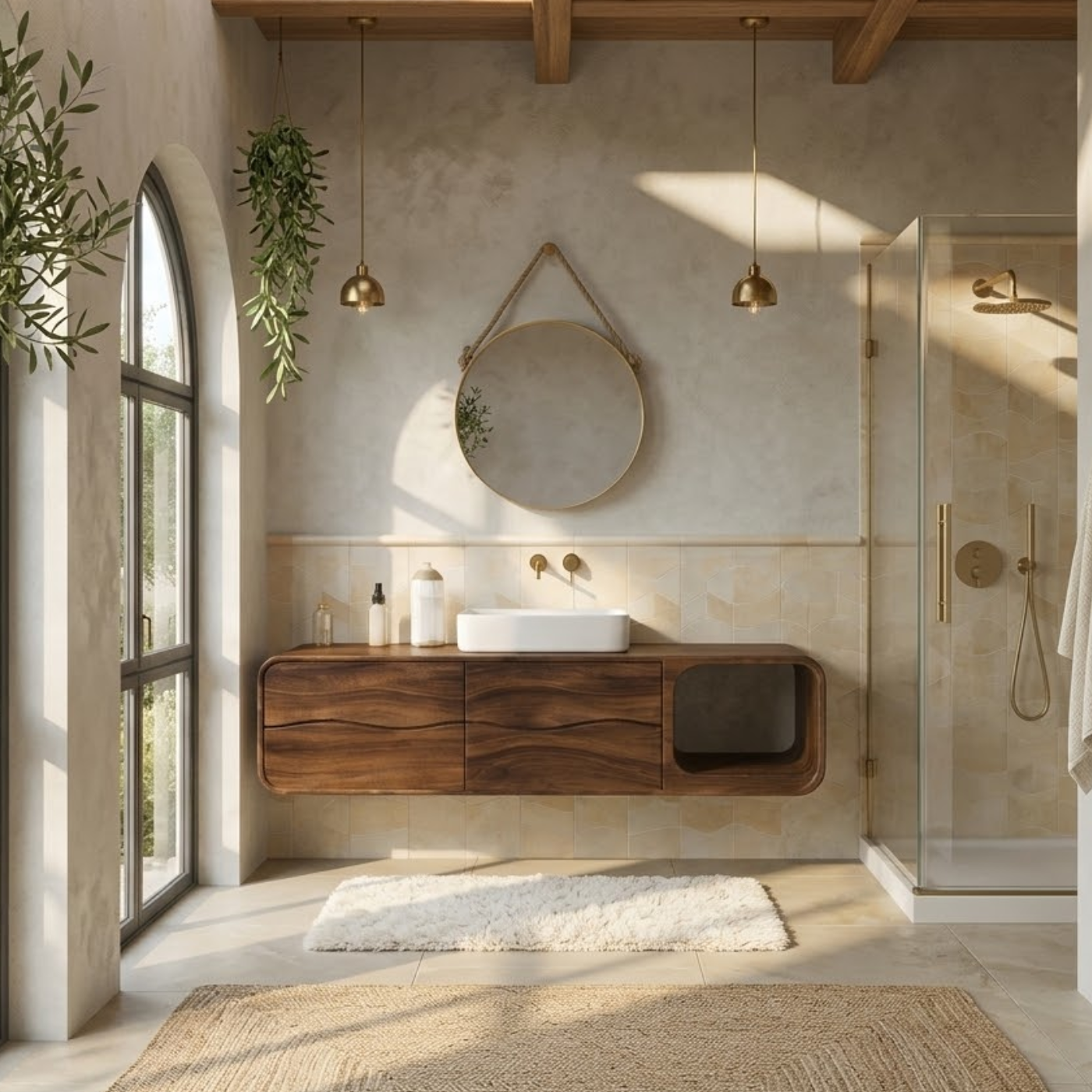 Floating Solid Wood Bathroom Vanity with Drawers and Open Shelf