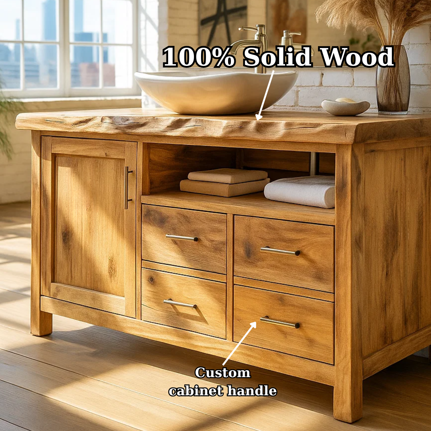 Solid Wood Live Edge Bathroom Vanity with 4 Drawers and Cabinet Door