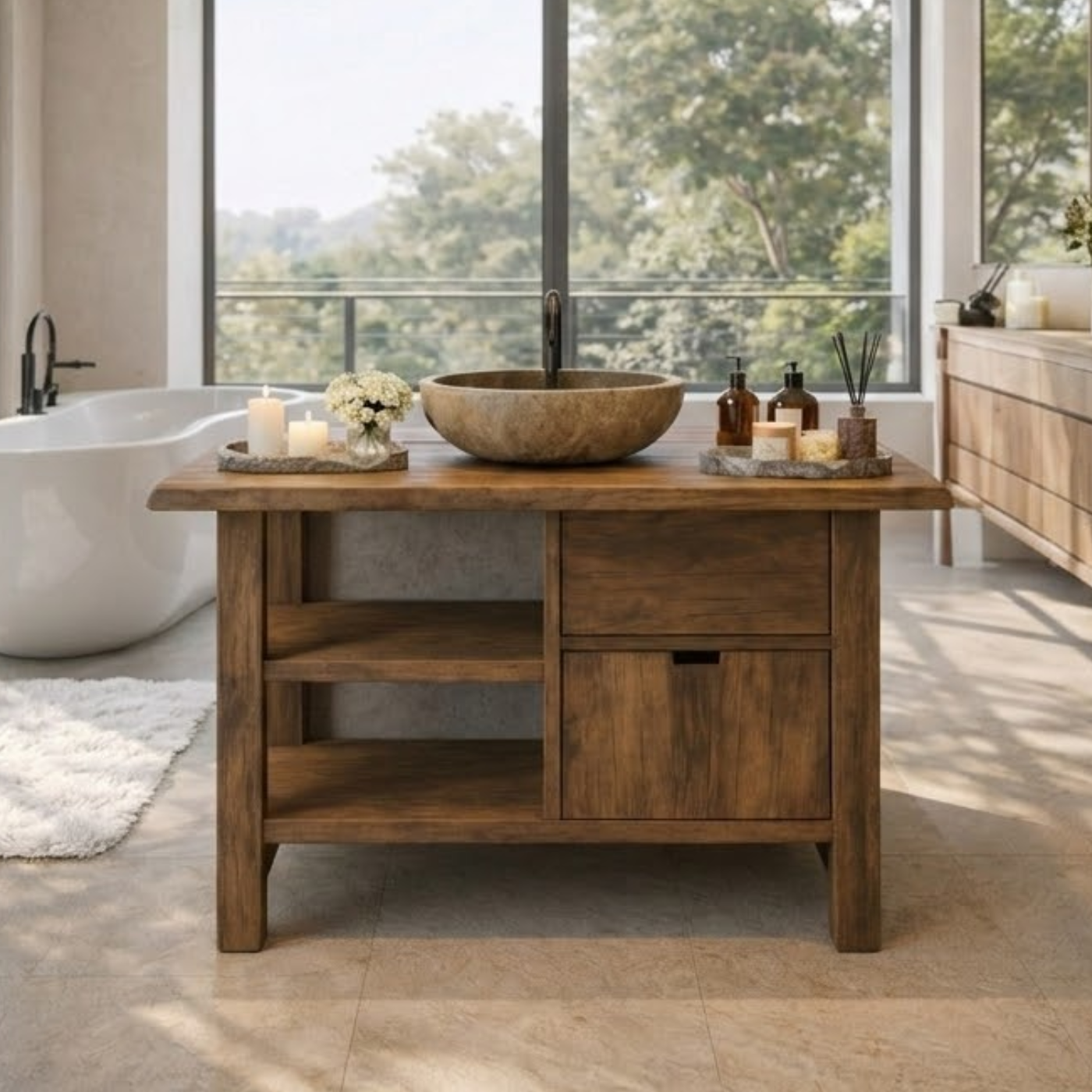Modern Solid Wood Vanity Cabinet with Drawer and Open Storage for Minimalist Bathrooms