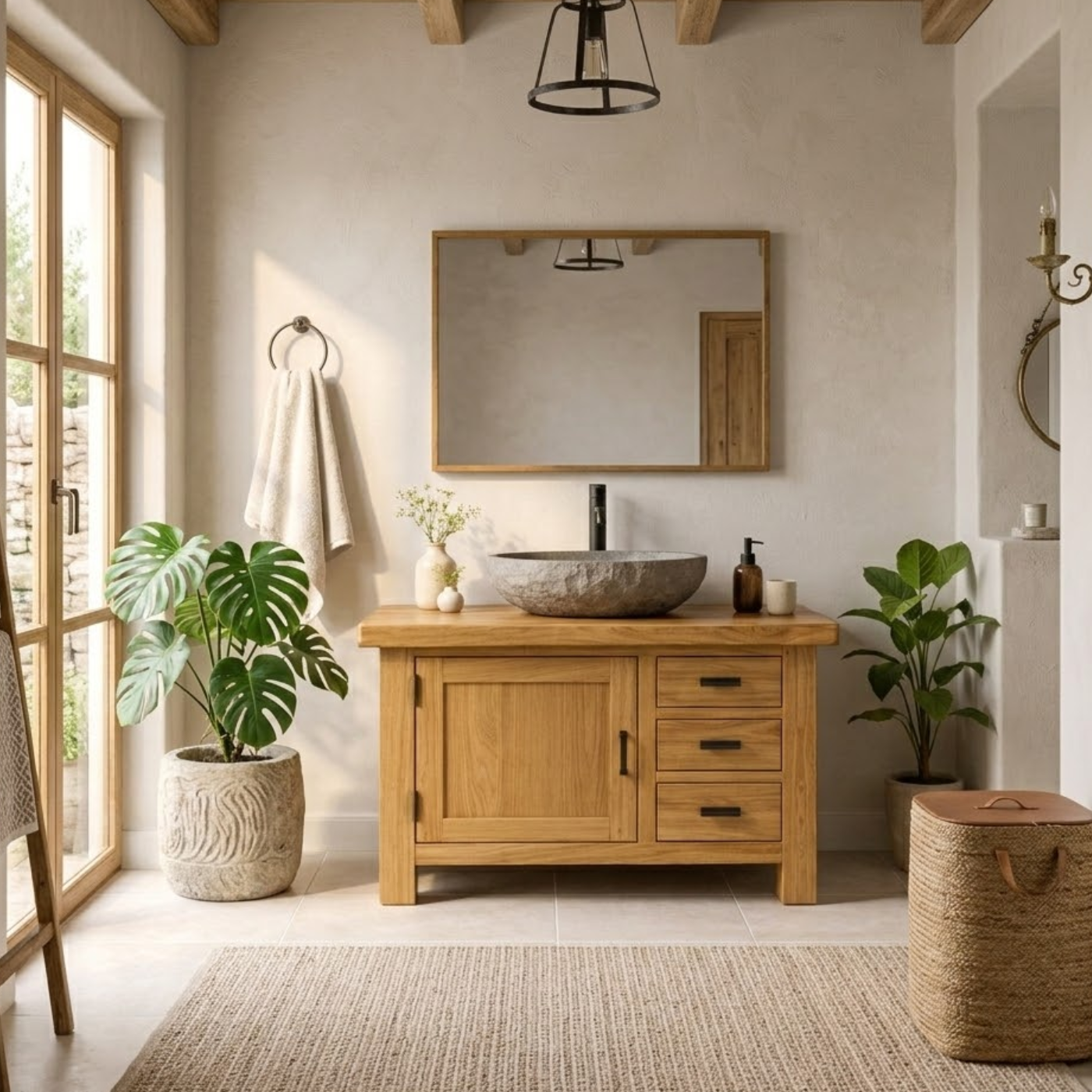 Natural Solid Wood Bathroom Vanity with Single Door and Three Drawers