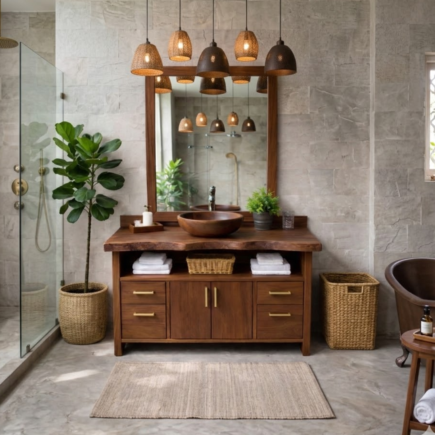Live Edge Solid Wood Bathroom Vanity with Four Drawers, Double Cabinet Doors and Open Shelf