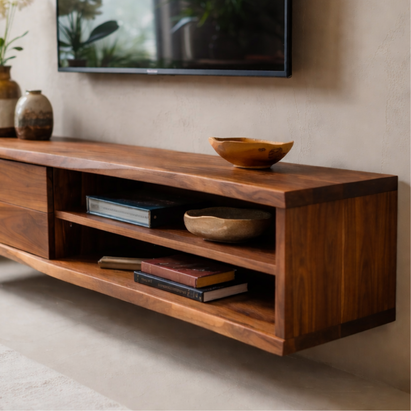 Floating Solid Wood TV Stand with Drawer and Open Shelves for Modern Living Rooms