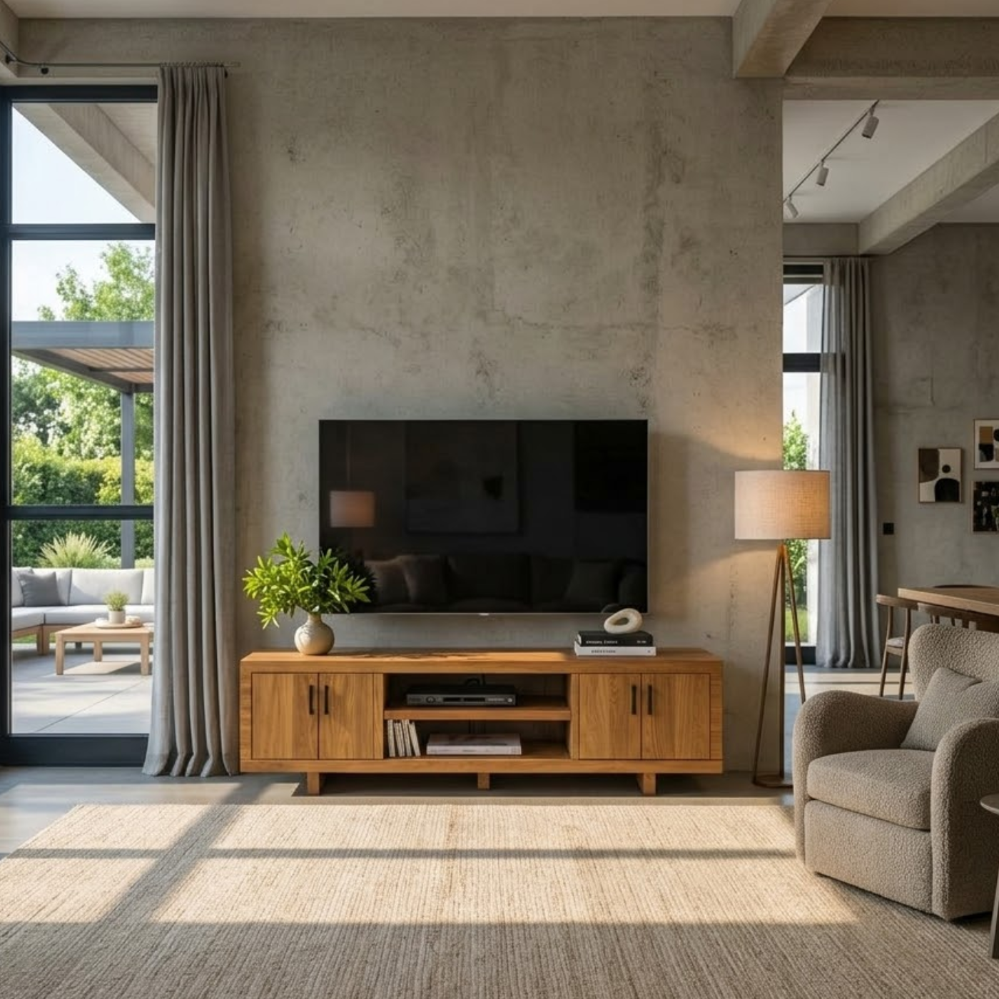 Modern Solid Wood TV Stand with Storage Cabinets and Open Media Shelf