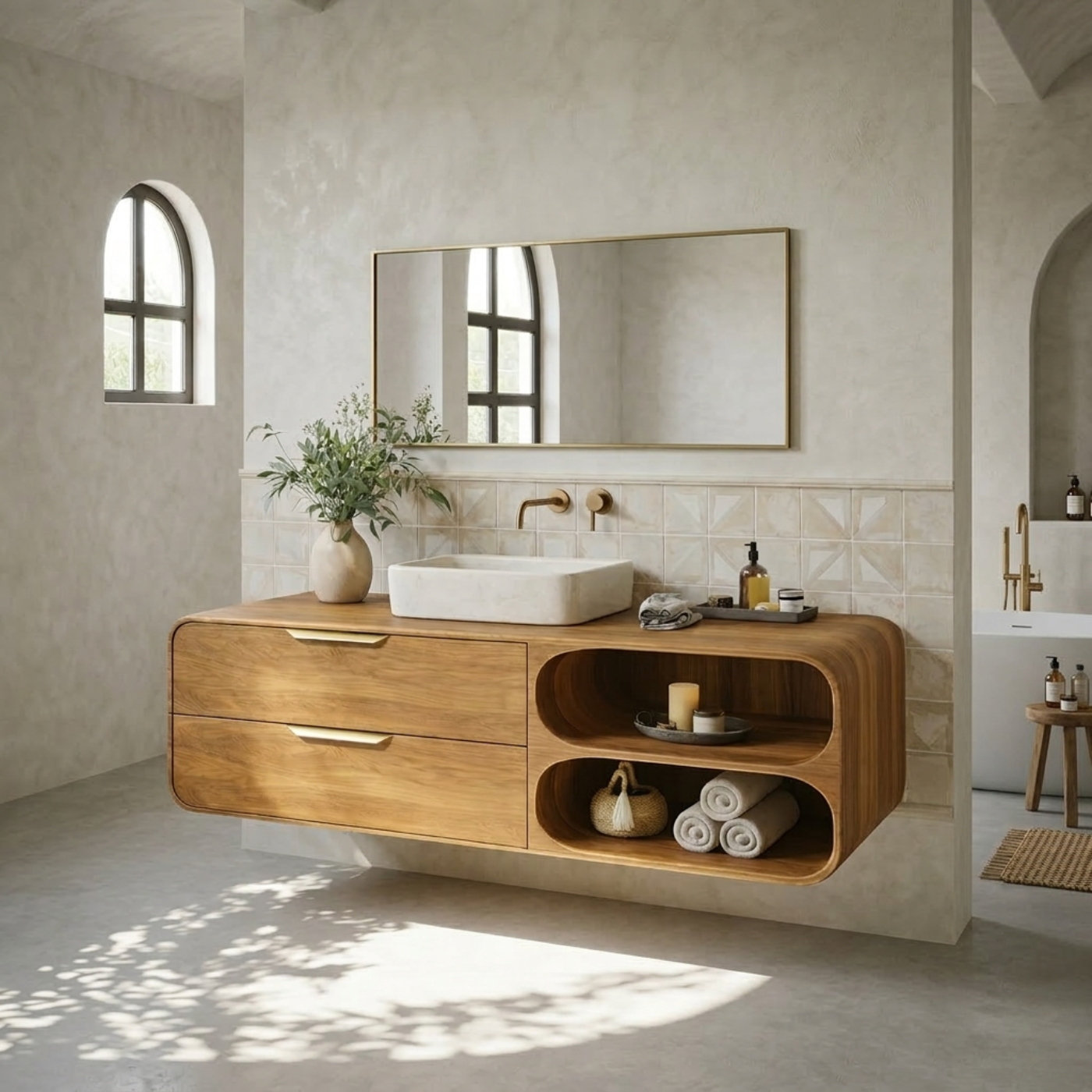 Floating Solid Wood Bathroom Vanity with Drawers and Open Curved Shelves for Modern Bathrooms