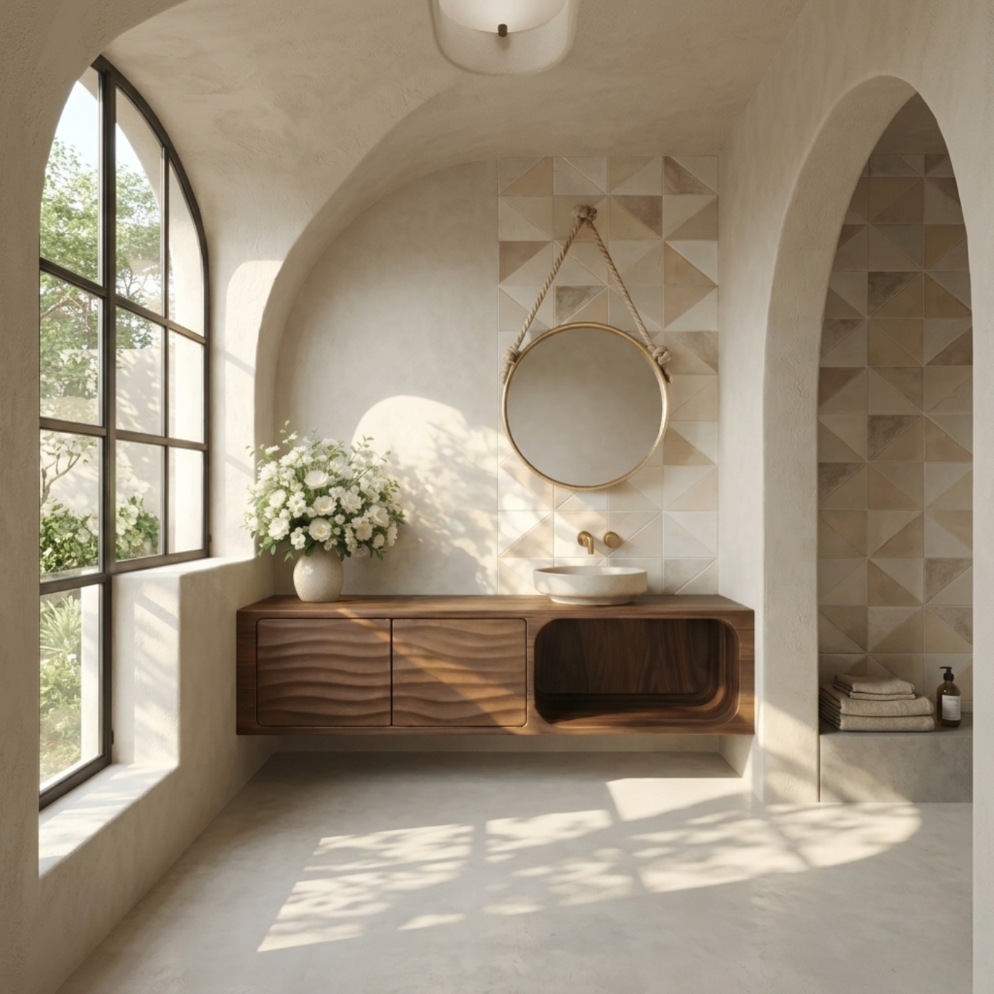 Floating Solid Wood Bathroom Vanity with Textured Cabinet Doors and Open Shelf for Contemporary Homes