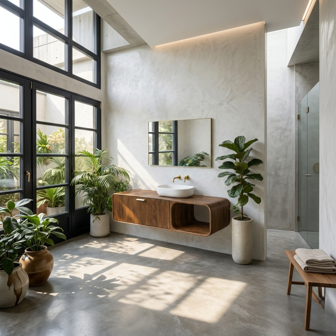 Contemporary Solid Wood Floating Bathroom Vanity with Open Side Shelf