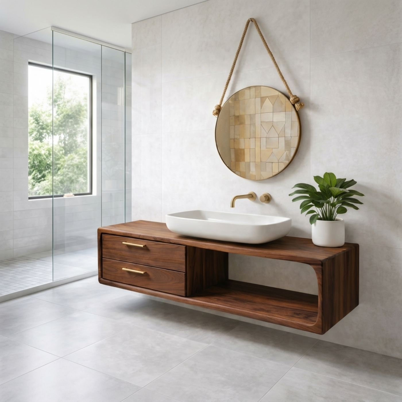 Modern Solid Wood Floating Bathroom Vanity with Double Drawers and Open Shelf