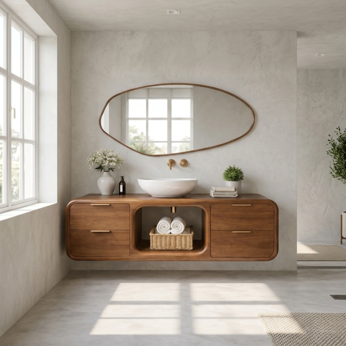Modern Floating Solid Wood Bathroom Vanity with Open Center Shelf and Drawer Storage
